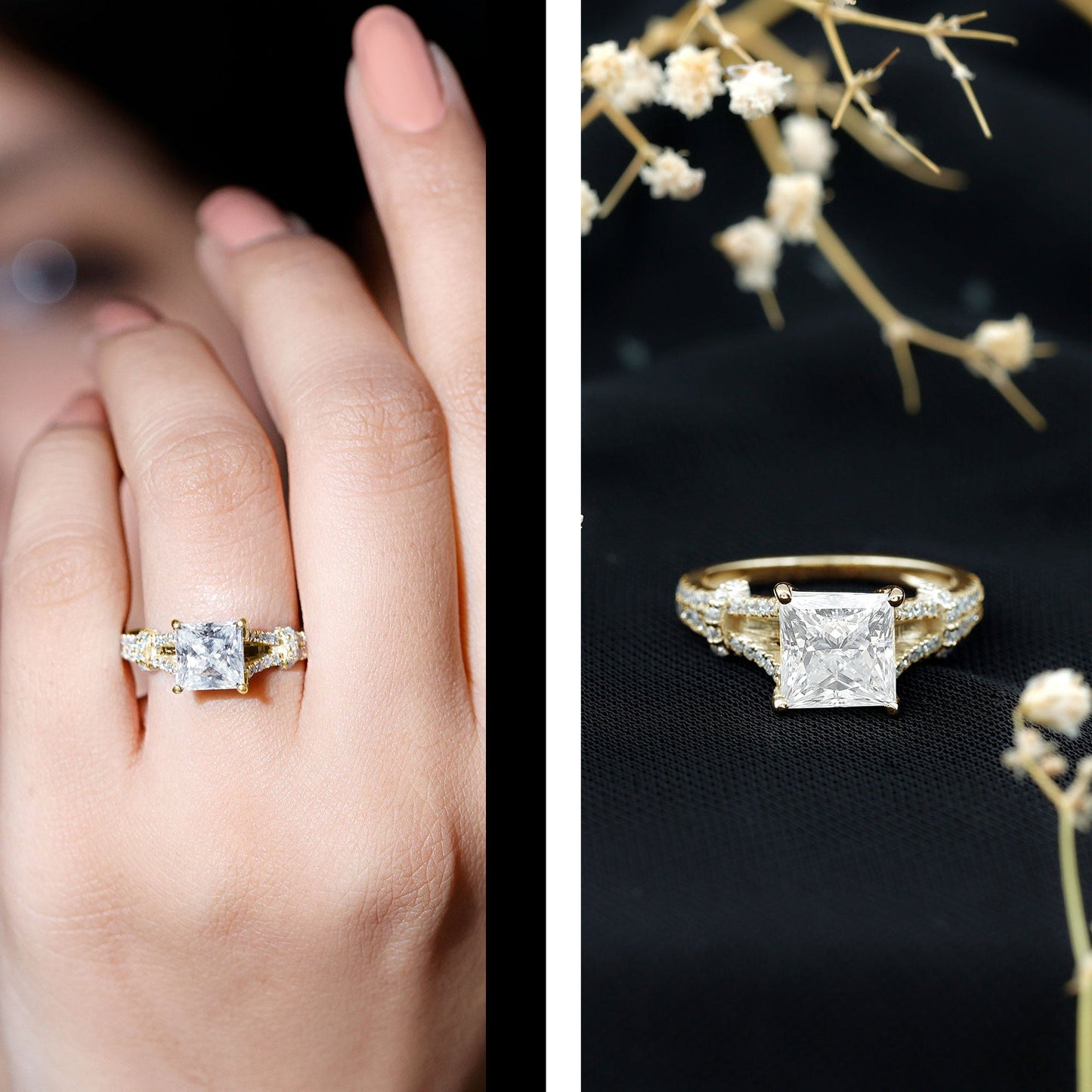 Anillo de compromiso solitario de moissanita de 3 quilates talla princesa con brazo dividido