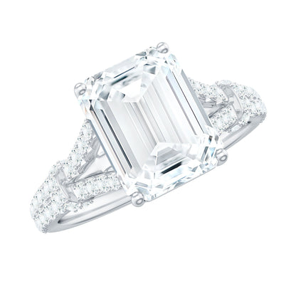 Anillo de compromiso de moissanita de corte esmeralda de 2.8 quilates con brazo dividido para mujer