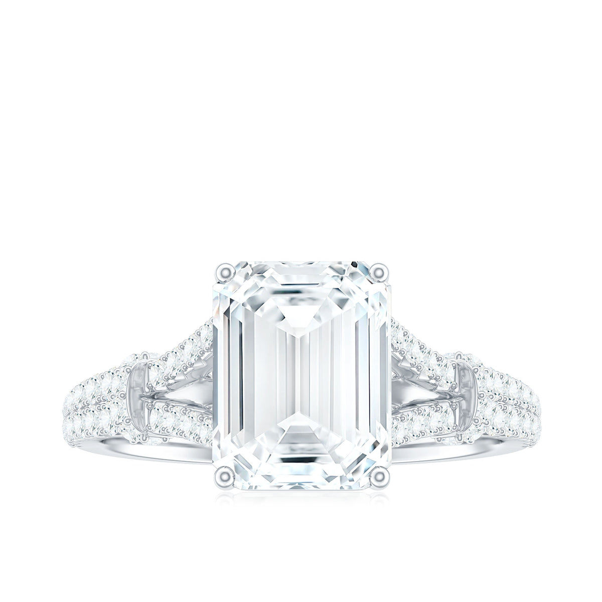 Anillo de compromiso de moissanita de corte esmeralda de 2.8 quilates con brazo dividido para mujer
