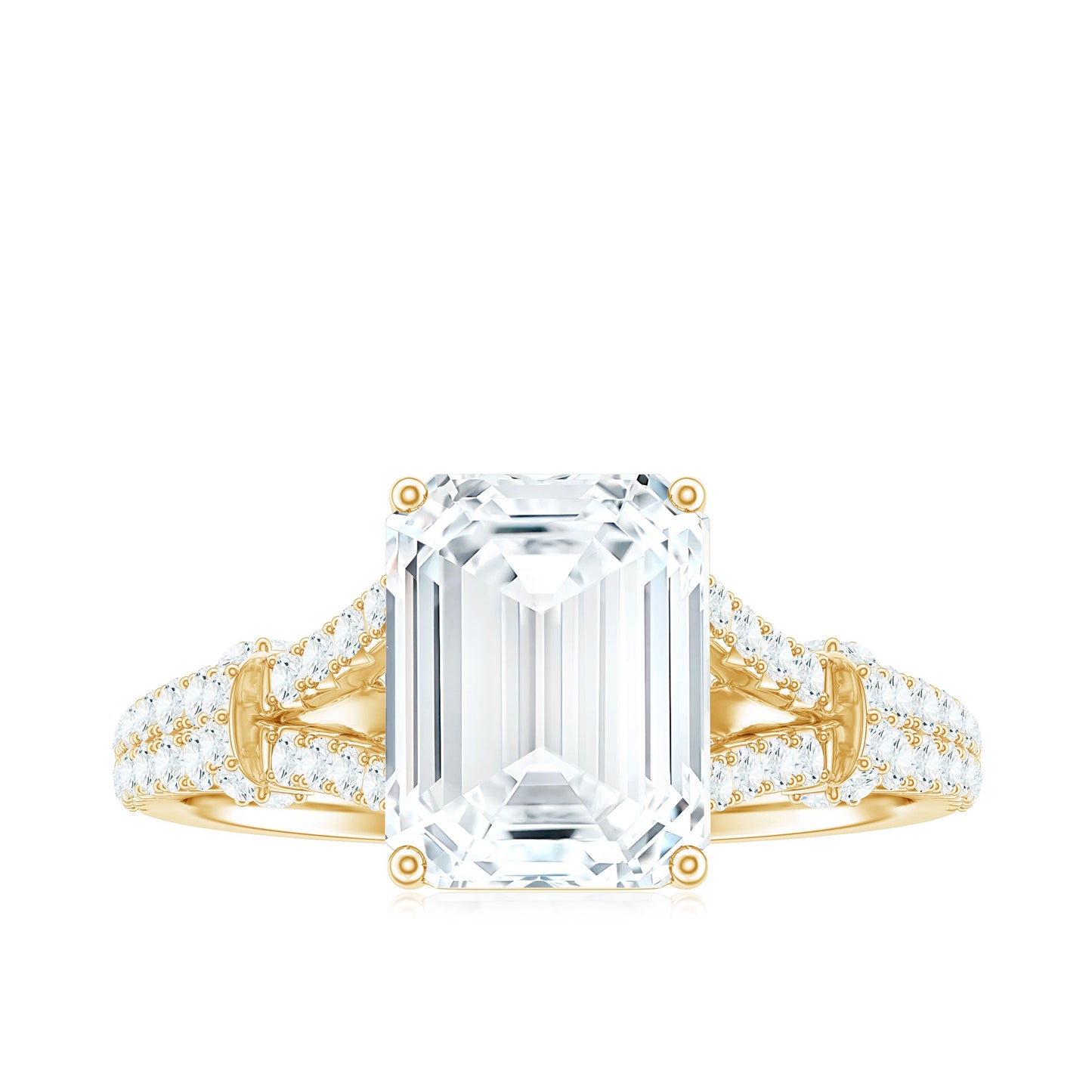 Anillo de compromiso de moissanita de corte esmeralda de 2.8 quilates con brazo dividido para mujer