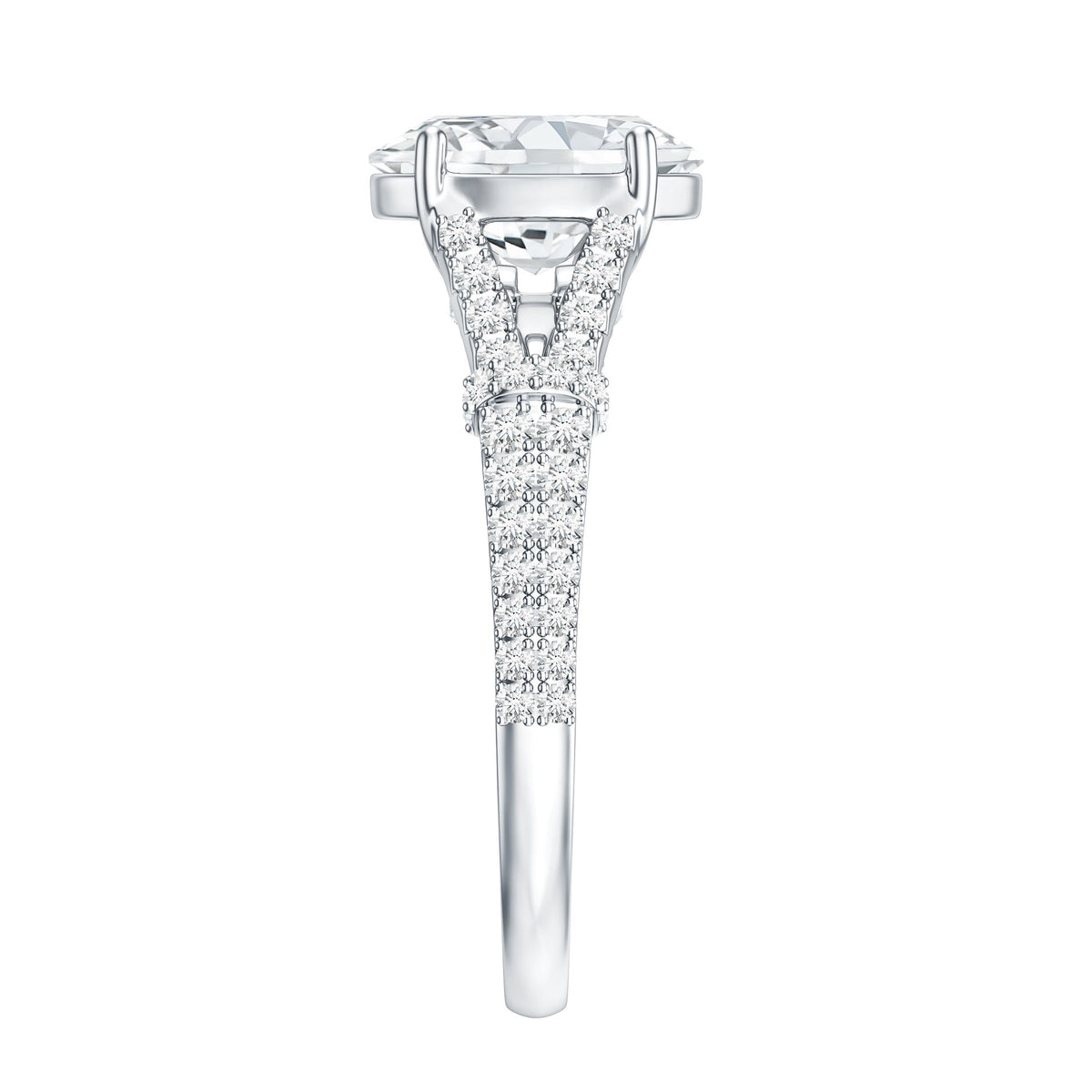 Anillo de compromiso llamativo de moissanita con corte ovalado de 2 quilates y brazo dividido