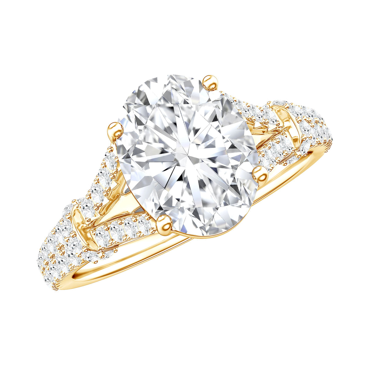 Anillo de compromiso llamativo de moissanita con corte ovalado de 2 quilates y brazo dividido