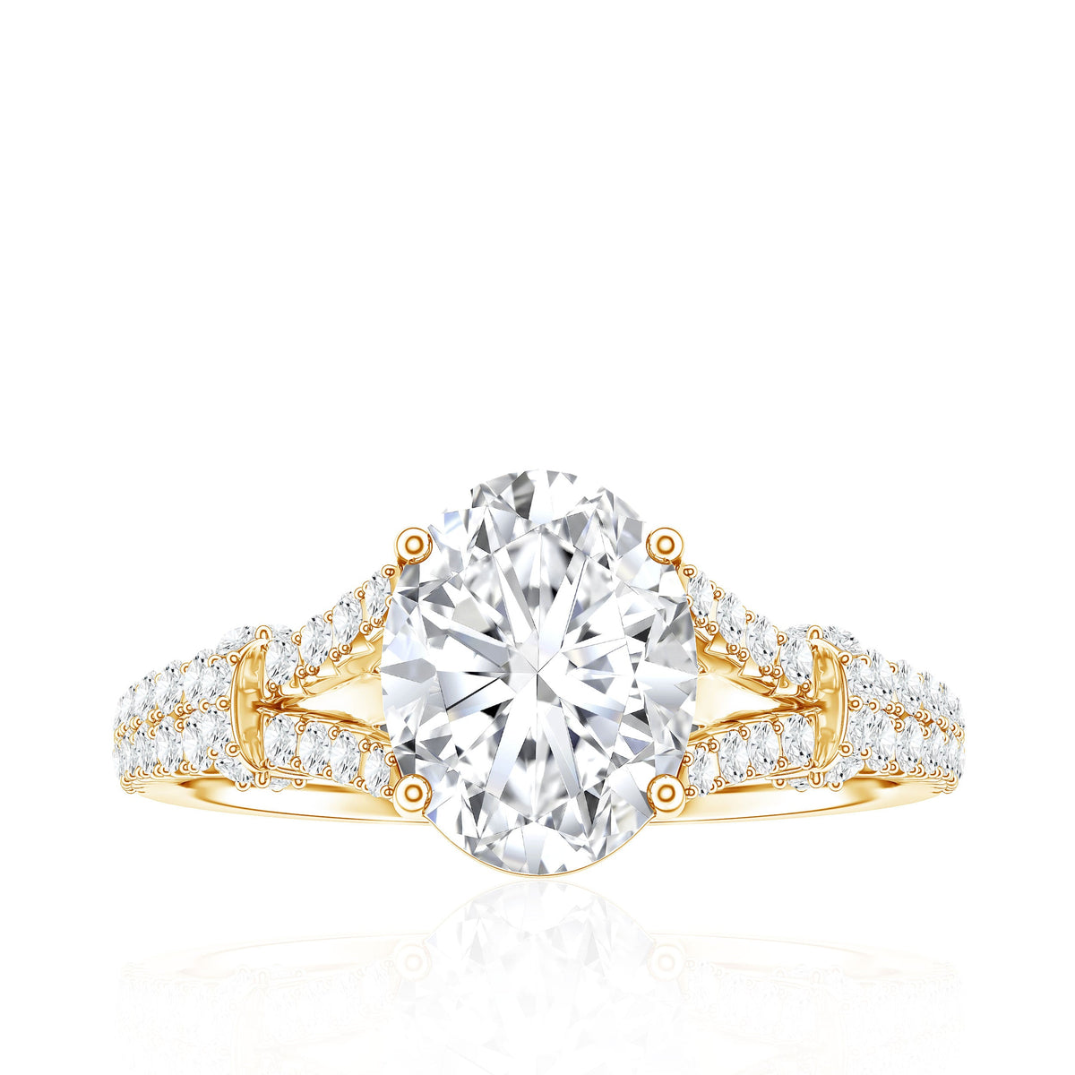 Anillo de compromiso llamativo de moissanita con corte ovalado de 2 quilates y brazo dividido