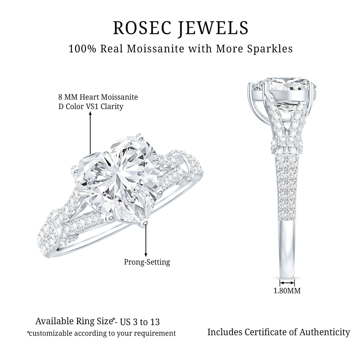 Heart Shape Moissanite Solitaire Engagement Ring in Split Shank