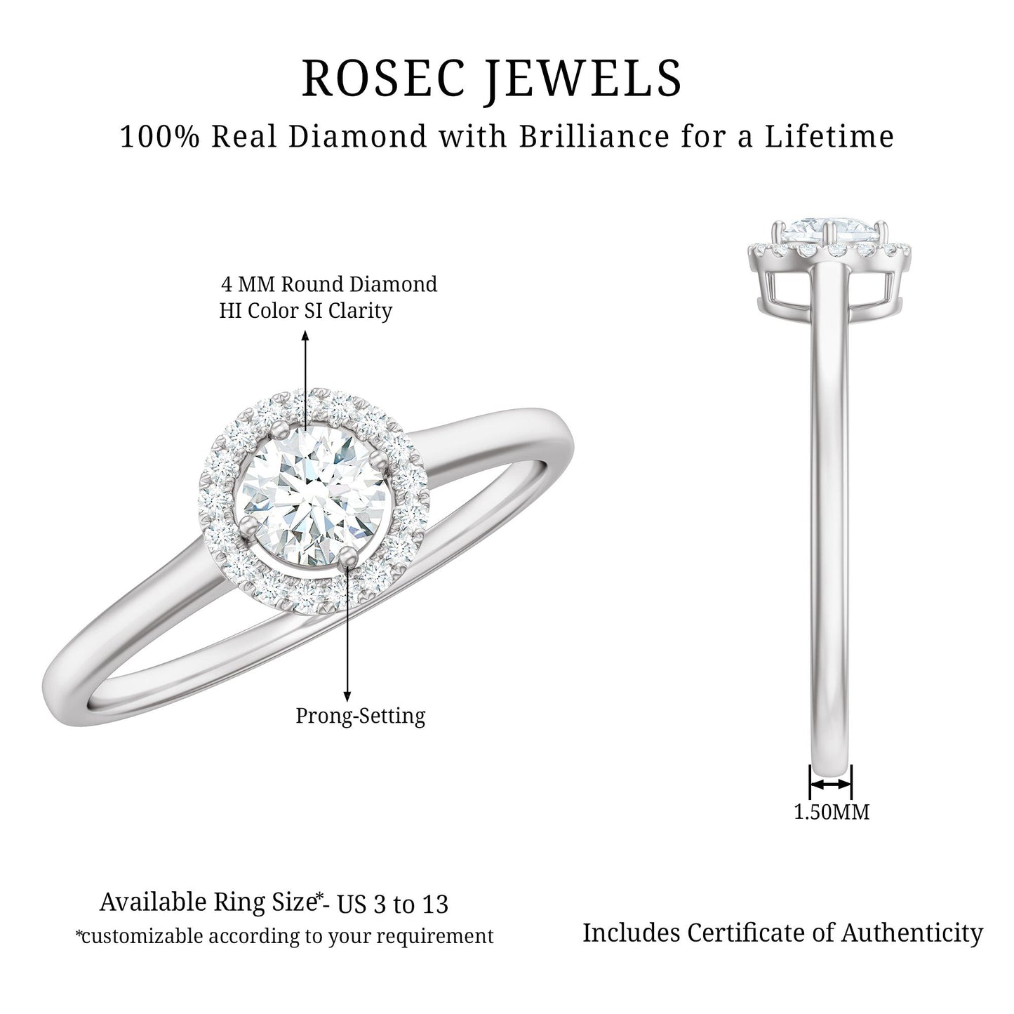 Anillo de promesa de diamante natural de 0,25 quilates con certificado