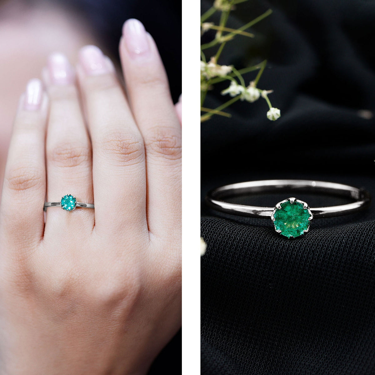 Natural Solitaire Emerald Promise Ring in Lotus Basket Setting
