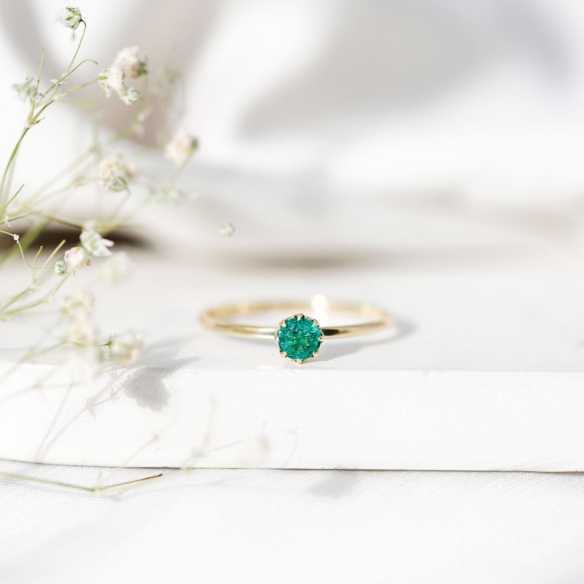 Natural Solitaire Emerald Promise Ring in Lotus Basket Setting