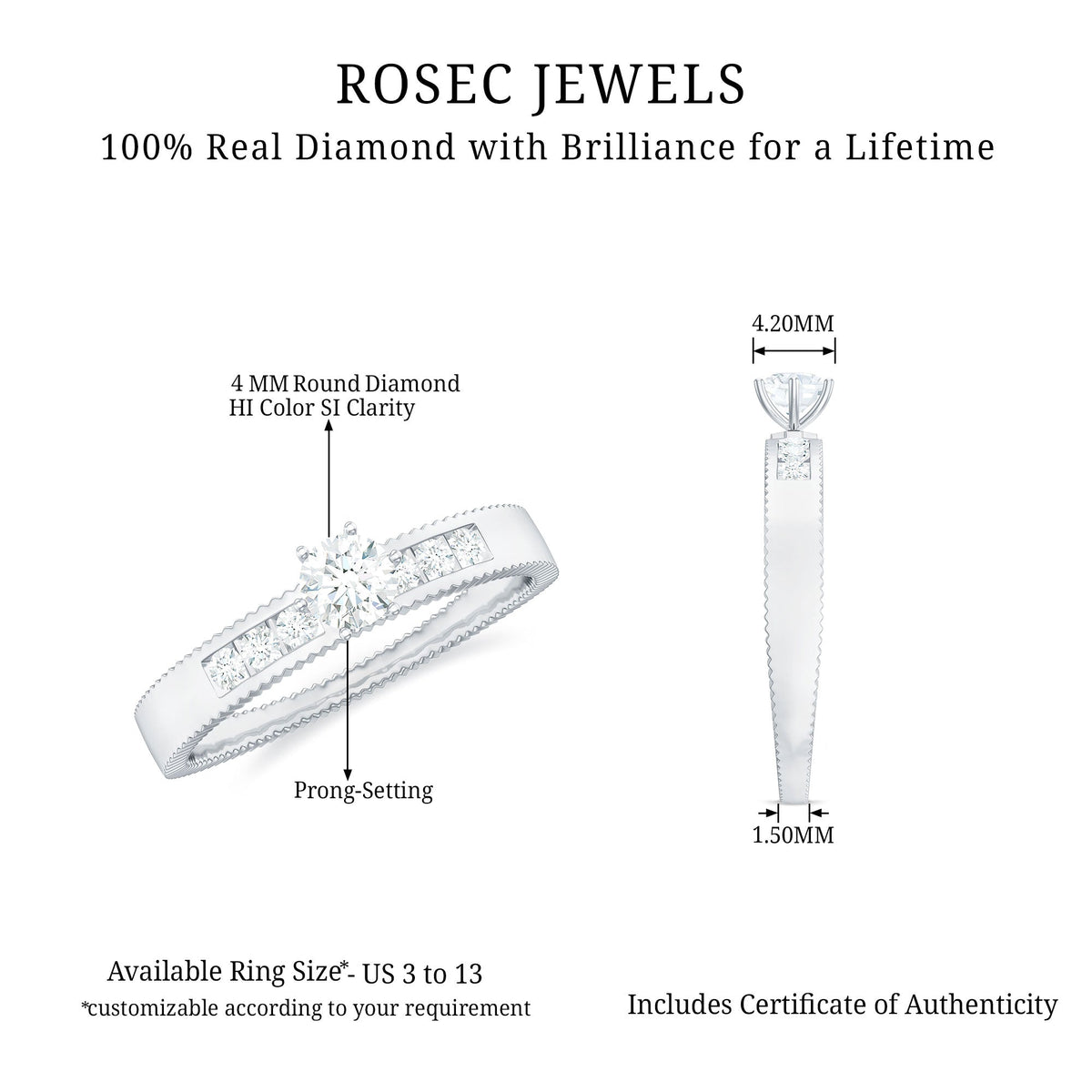 Anillo de compromiso solitario de diamante natural para mujer