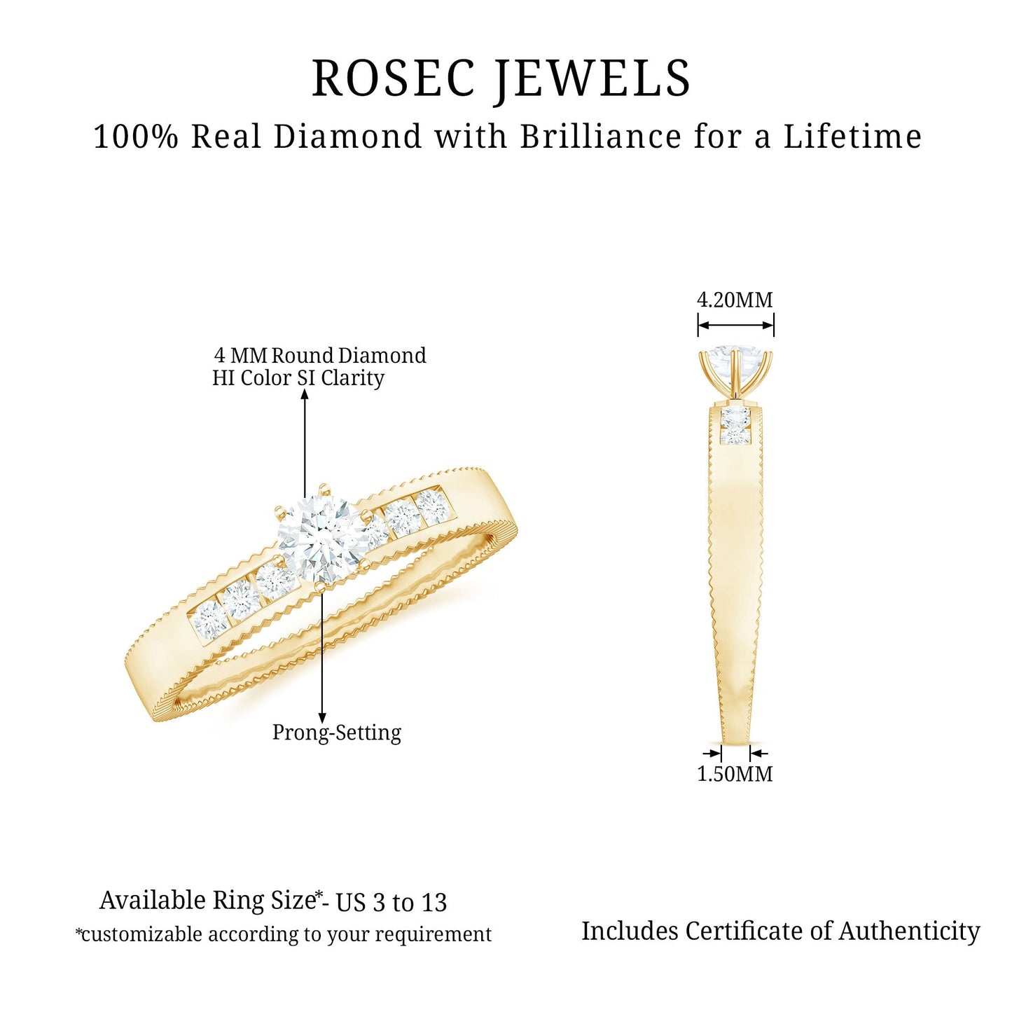 Anillo de compromiso solitario de diamante natural para mujer