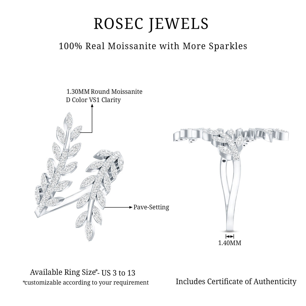 Certified Moissanite Leaf Wrap Ring for Women
