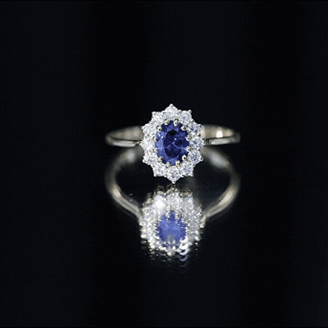 Anillo de compromiso certificado con zafiro azul ovalado de 1,5 quilates cultivado en laboratorio estilo Princesa Diana con diamante