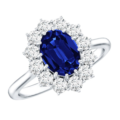Anillo de compromiso certificado con zafiro azul ovalado de 1,5 quilates cultivado en laboratorio estilo Princesa Diana con diamante