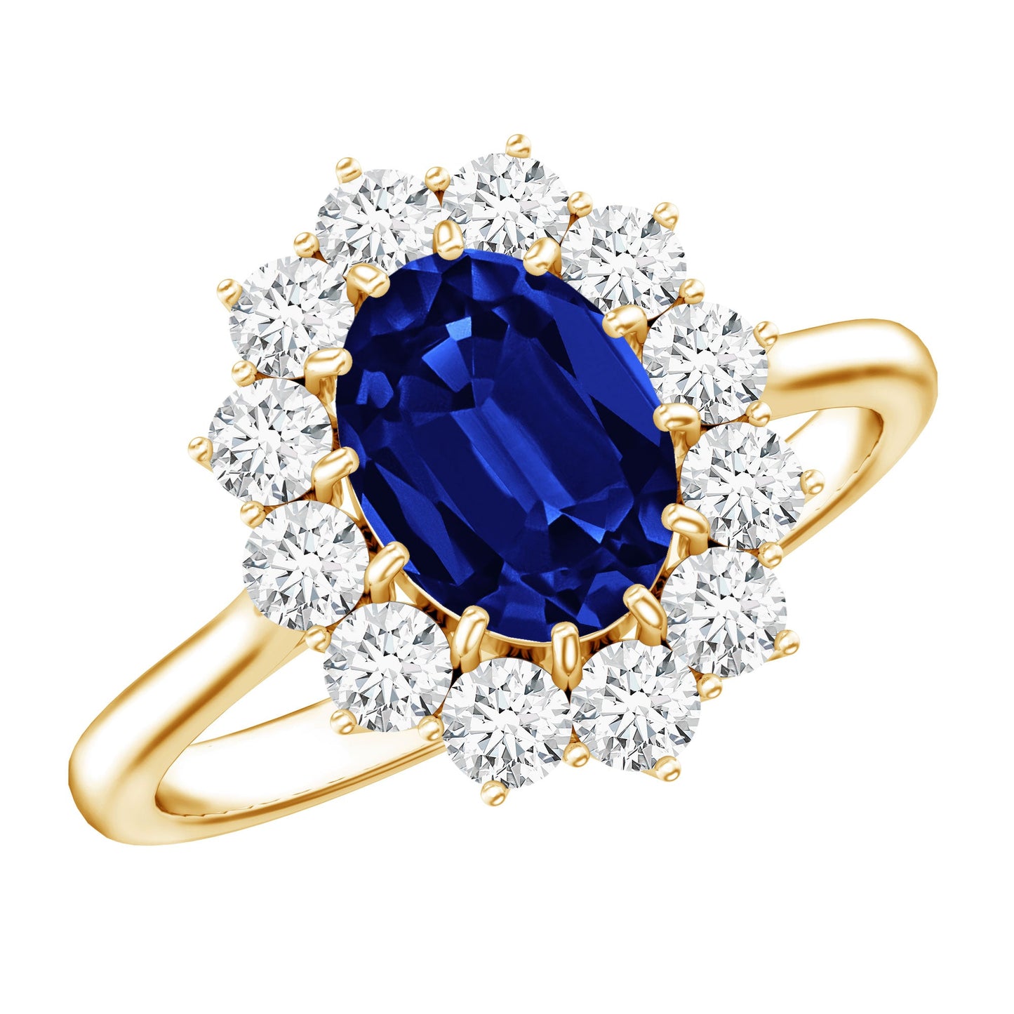 Anillo de compromiso certificado con zafiro azul ovalado de 1,5 quilates cultivado en laboratorio estilo Princesa Diana con diamante