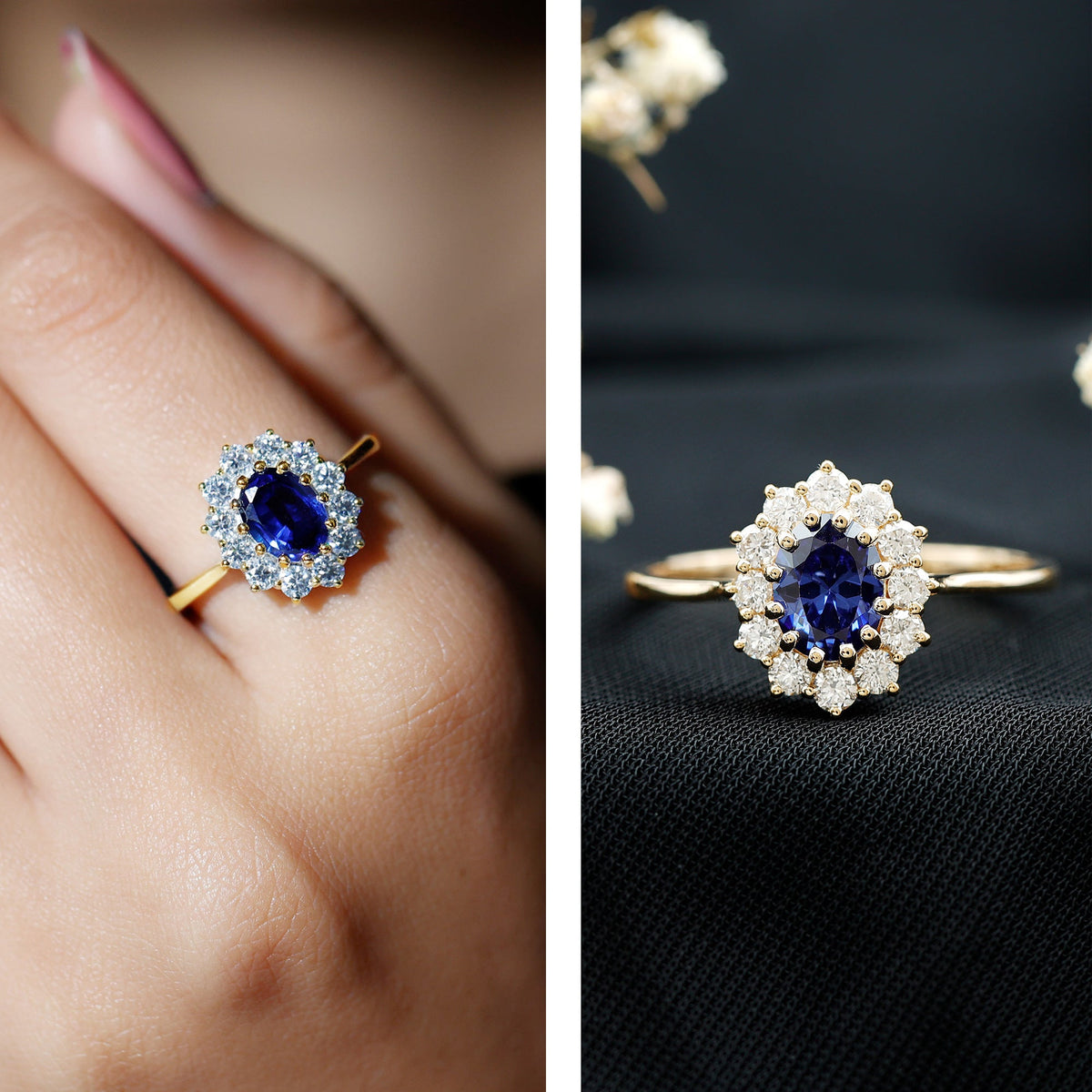 Anillo de compromiso certificado con zafiro azul ovalado de 1,5 quilates cultivado en laboratorio estilo Princesa Diana con diamante