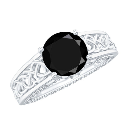 Vintage Style Black Spinel Diamond Engagement Ring with Celtic Knot