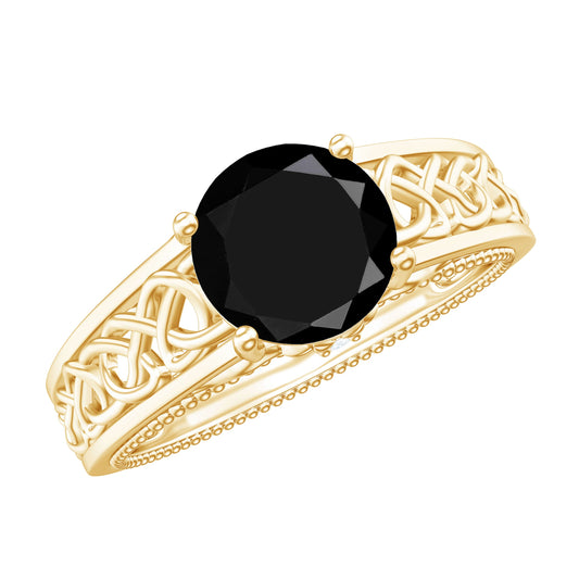 Anillo de compromiso de espinela negra con nudo celta estilo vintage