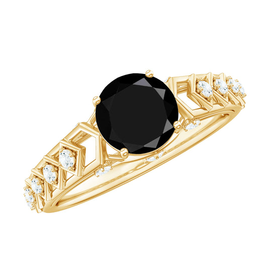 Anillo de compromiso solitario de espinela negra inspirado en el Art Déco con diamante
