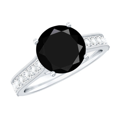 Natural Black Spinel Solitaire Engagement Ring with Diamond Side Stones