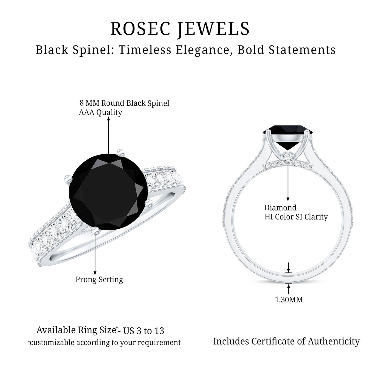 Natural Black Spinel Solitaire Engagement Ring with Diamond Side Stones