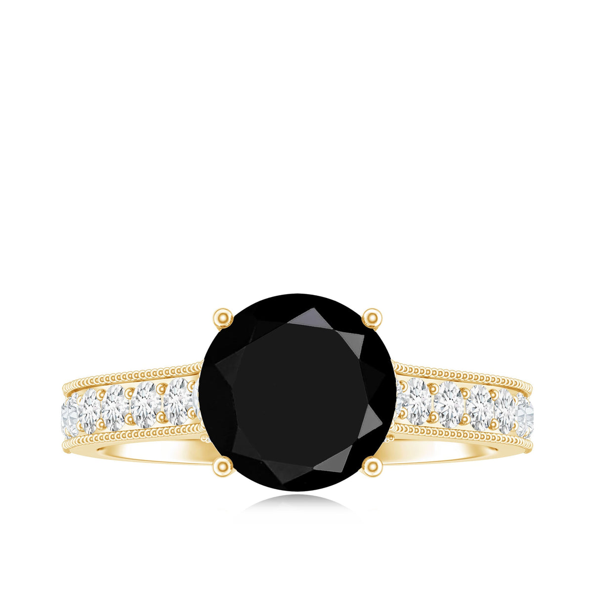 Natural Black Spinel Solitaire Engagement Ring with Diamond Side Stones