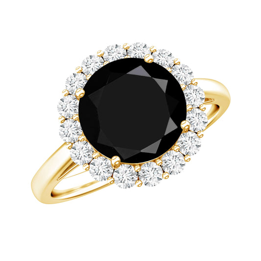 Anillo de compromiso de espinela negra natural de 2,6 quilates con halo de diamantes