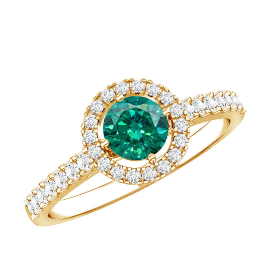 Anillo de compromiso con halo de diamantes y esmeralda cultivada en laboratorio certificada
