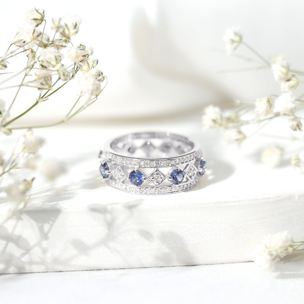 Lab Created Blue Sapphire and Diamond Full Eternity Band Ring
