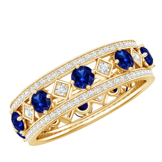 Anillo de banda de eternidad completa de zafiro azul creado en laboratorio y diamantes