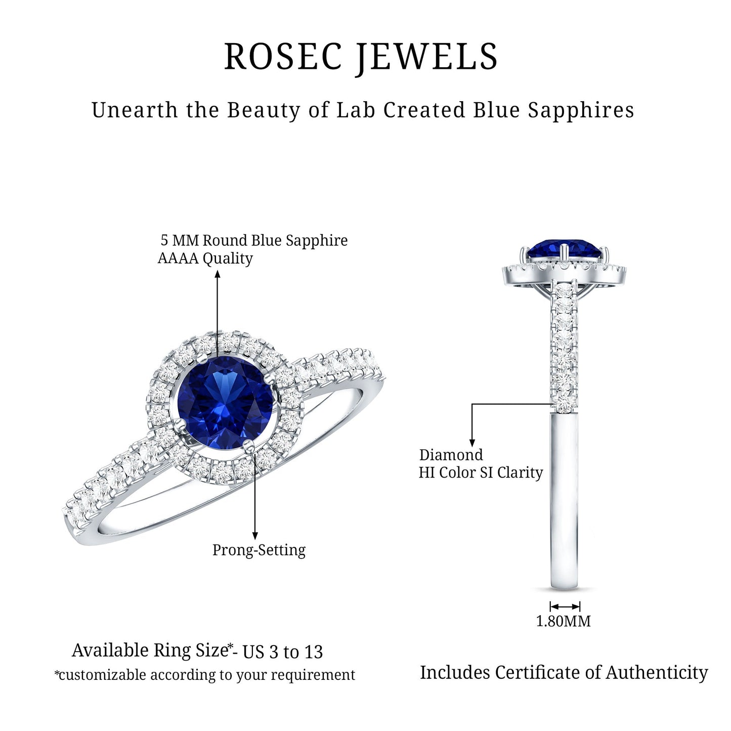 Certified 0.6 Carat Lab Grown Blue Sapphire Diamond Engagement Ring with Halo