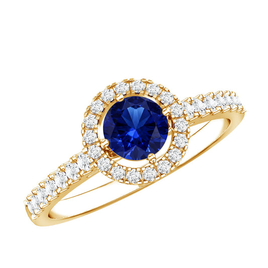 Anillo de compromiso de diamante de zafiro azul cultivado en laboratorio de 0,6 quilates certificado con halo