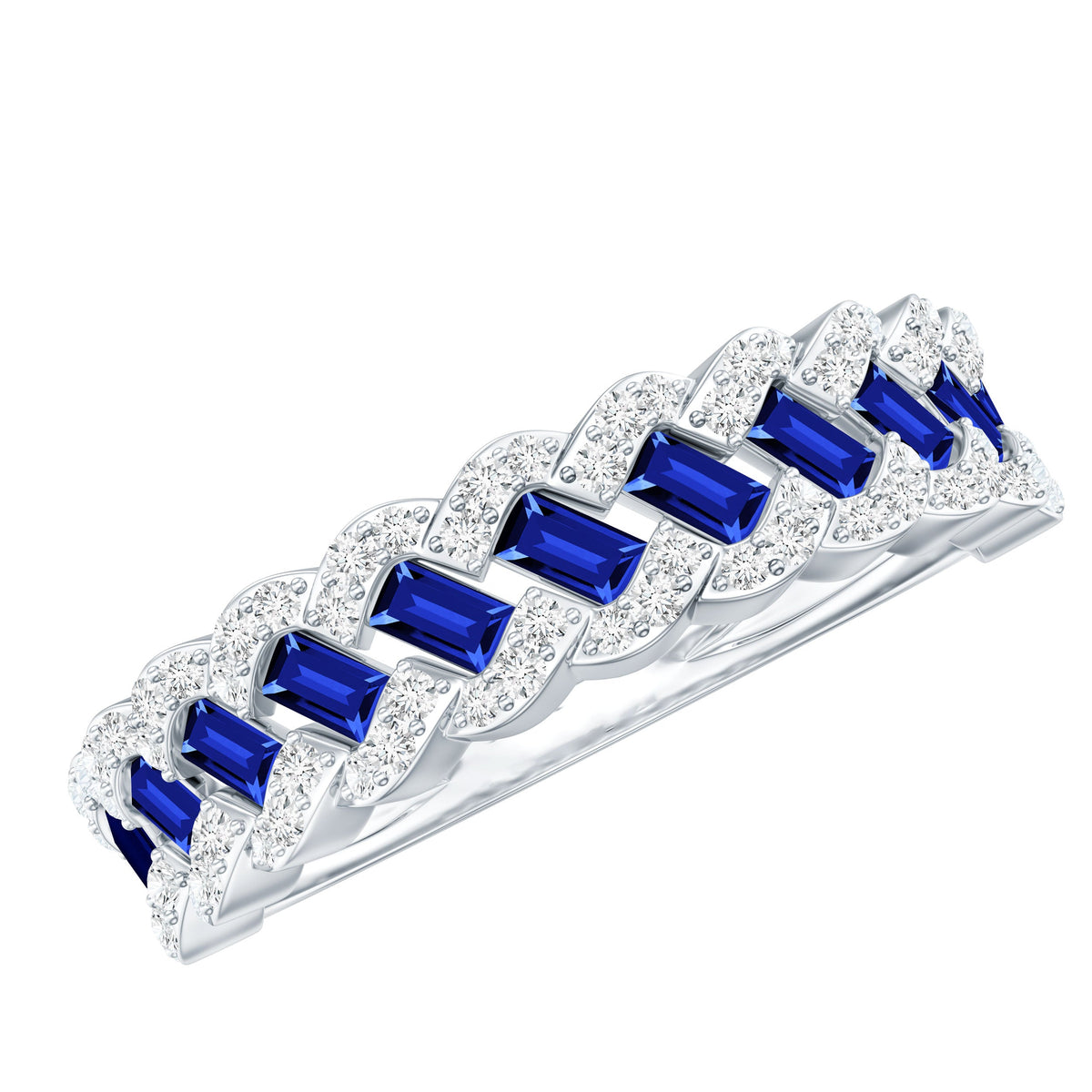 Anillo de Media Eternidad de Zafiro Azul de Laboratorio Baguette Certificado con Diamante