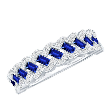 Anillo de Media Eternidad de Zafiro Azul de Laboratorio Baguette Certificado con Diamante