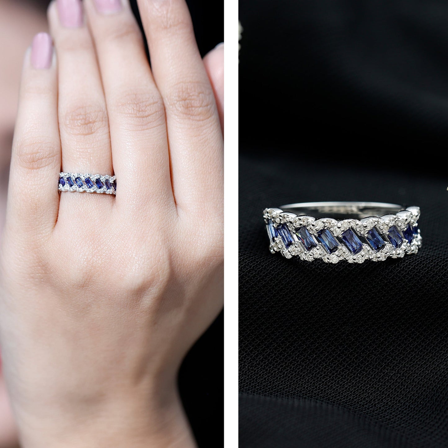 Anillo de Media Eternidad de Zafiro Azul de Laboratorio Baguette Certificado con Diamante