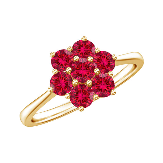 Anillo de flores con racimo de rubíes redondos creados en laboratorio, certificado
