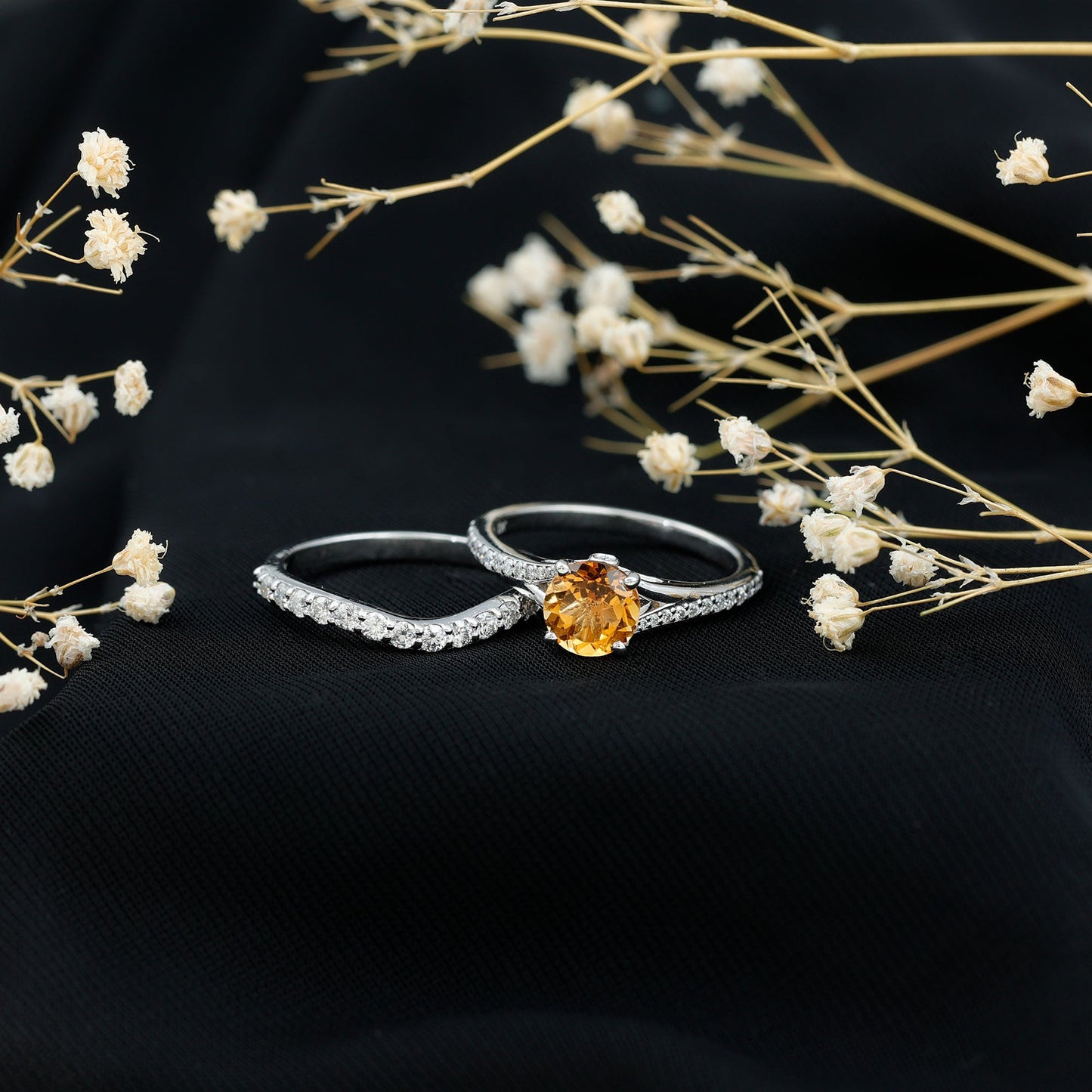 Anillo de compromiso de citrino real certificado con banda de boda de moissanita