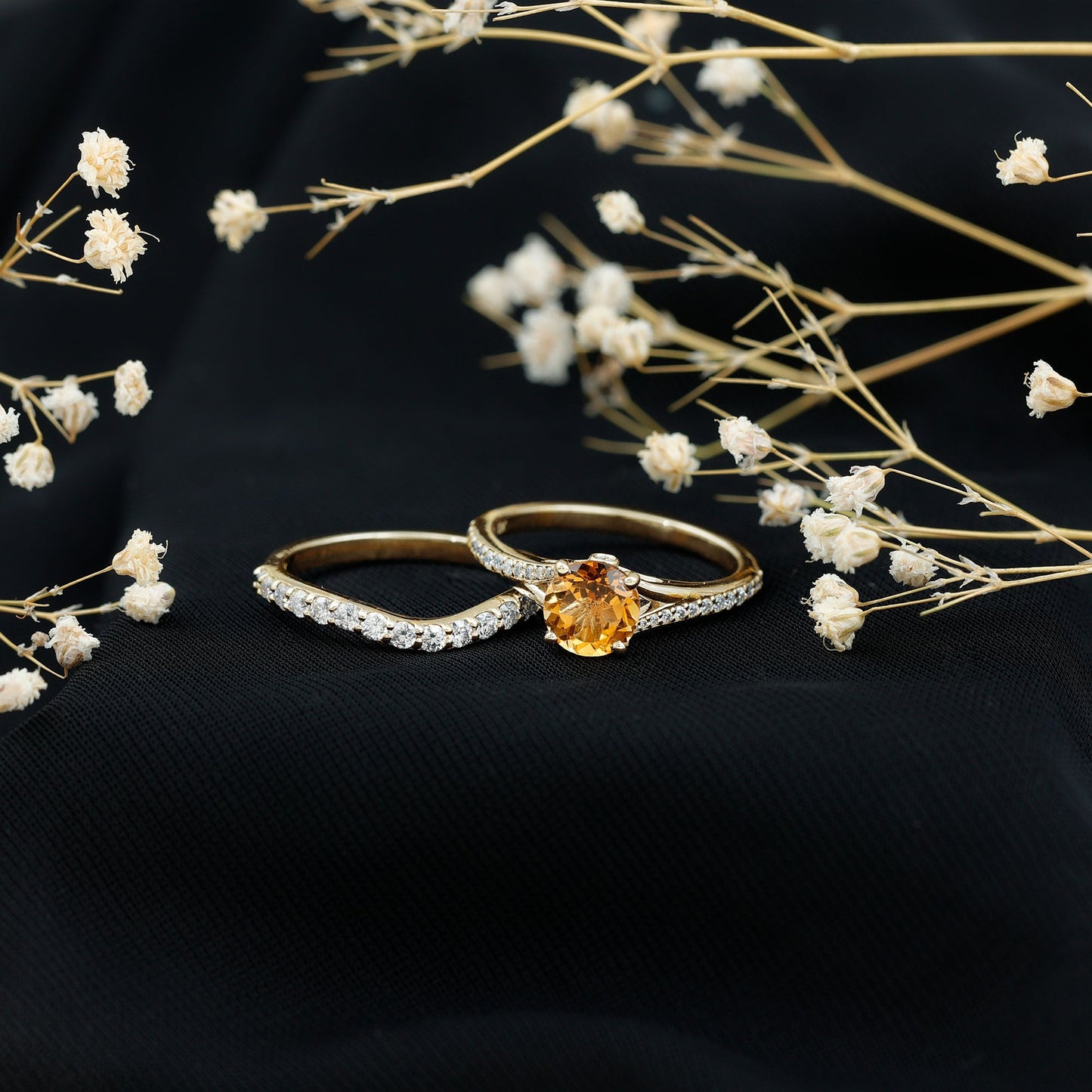 Anillo de compromiso de citrino real certificado con banda de boda de moissanita