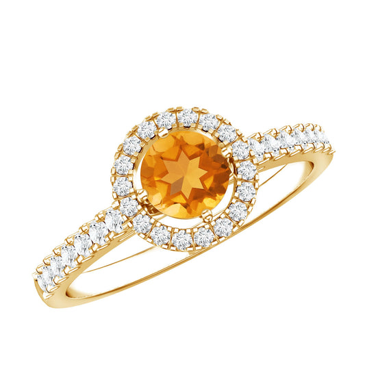 Anillo de compromiso minimalista de citrino y diamantes con halo