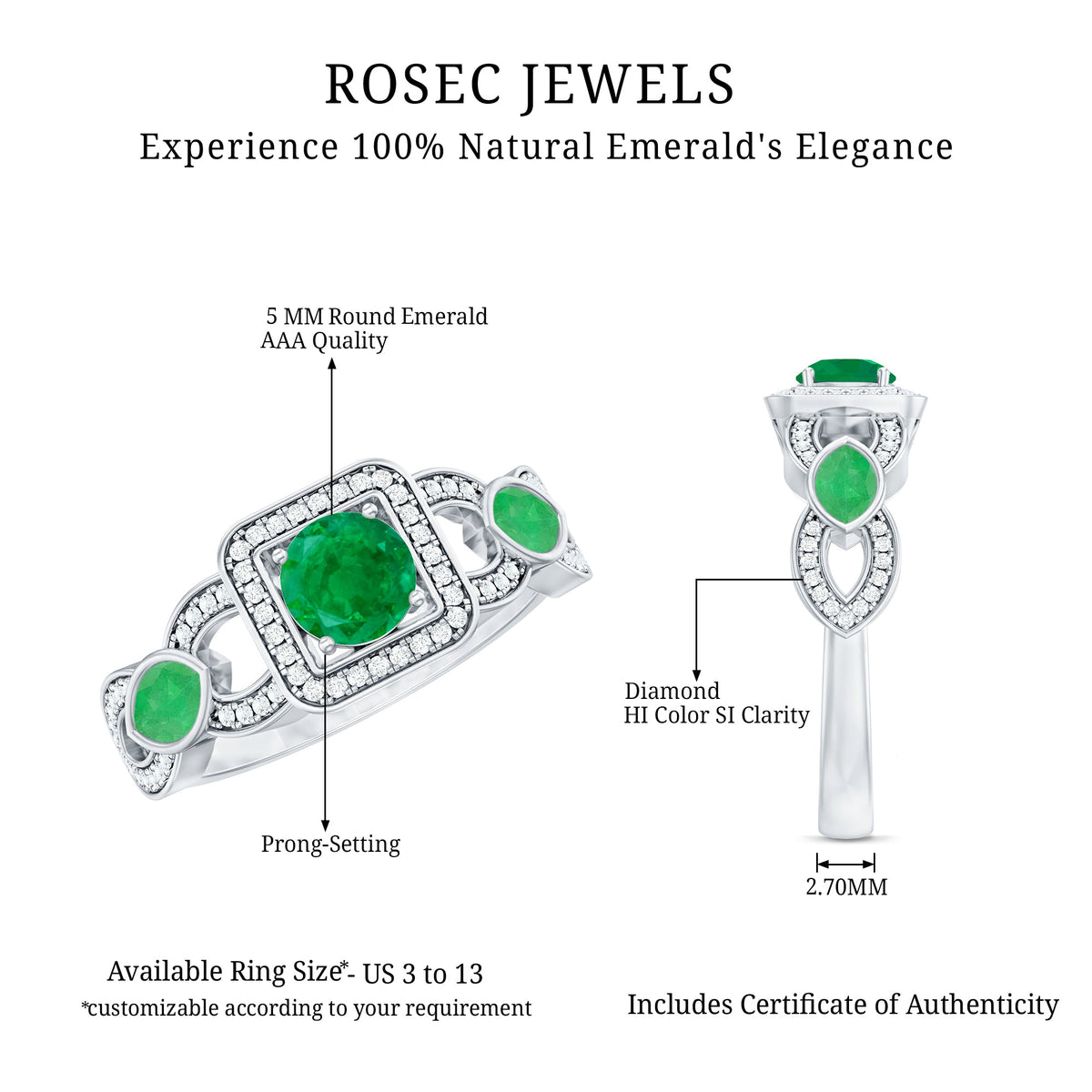 Anillo de compromiso de esmeralda y diamante de estilo vintage para mujer