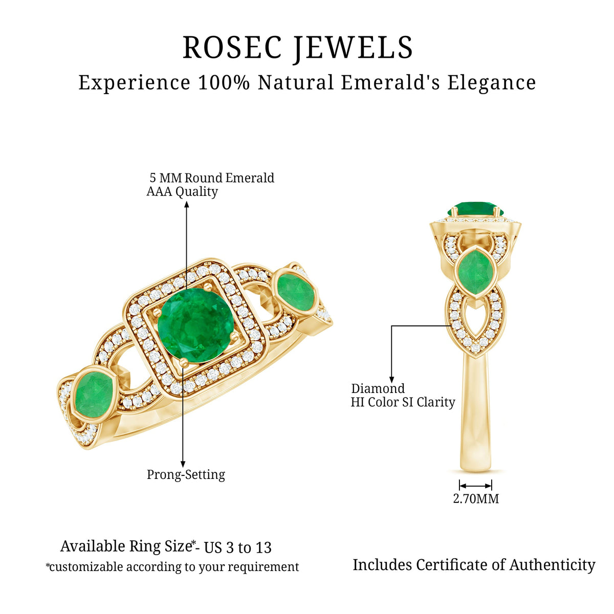 Anillo de compromiso de esmeralda y diamante de estilo vintage para mujer