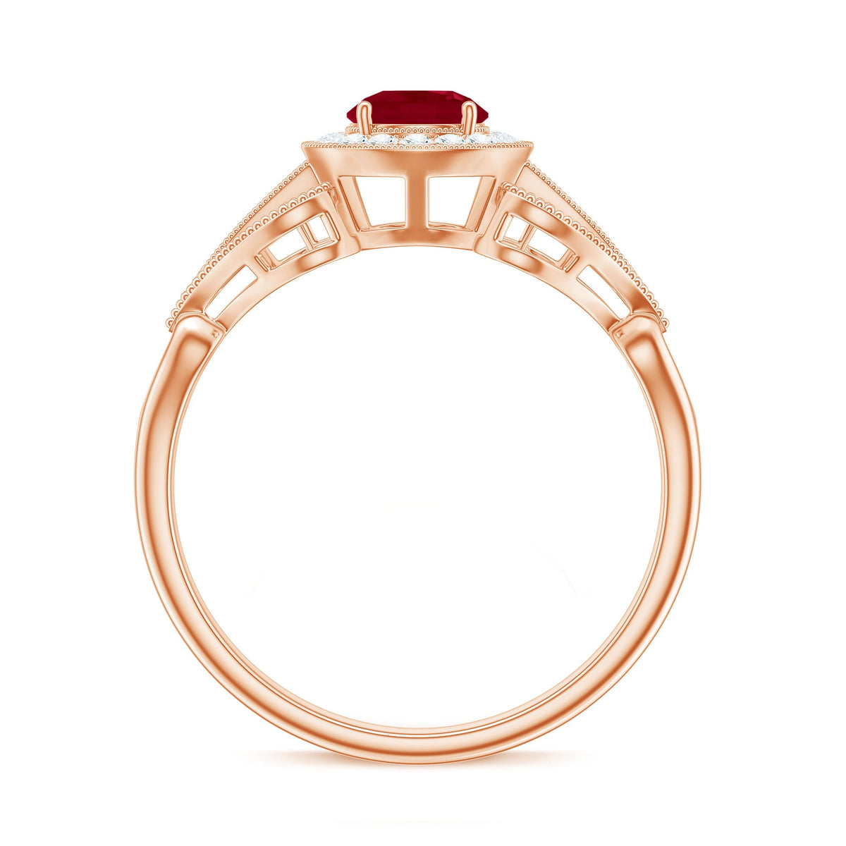 Anillo de compromiso retro de rubí natural de 0,6 quilates con halo de diamantes