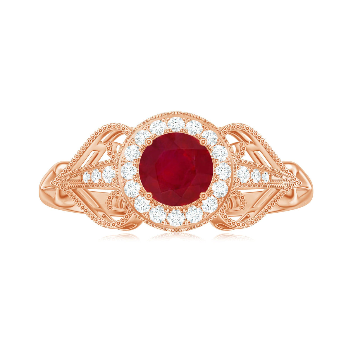 Anillo de compromiso retro de rubí natural de 0,6 quilates con halo de diamantes