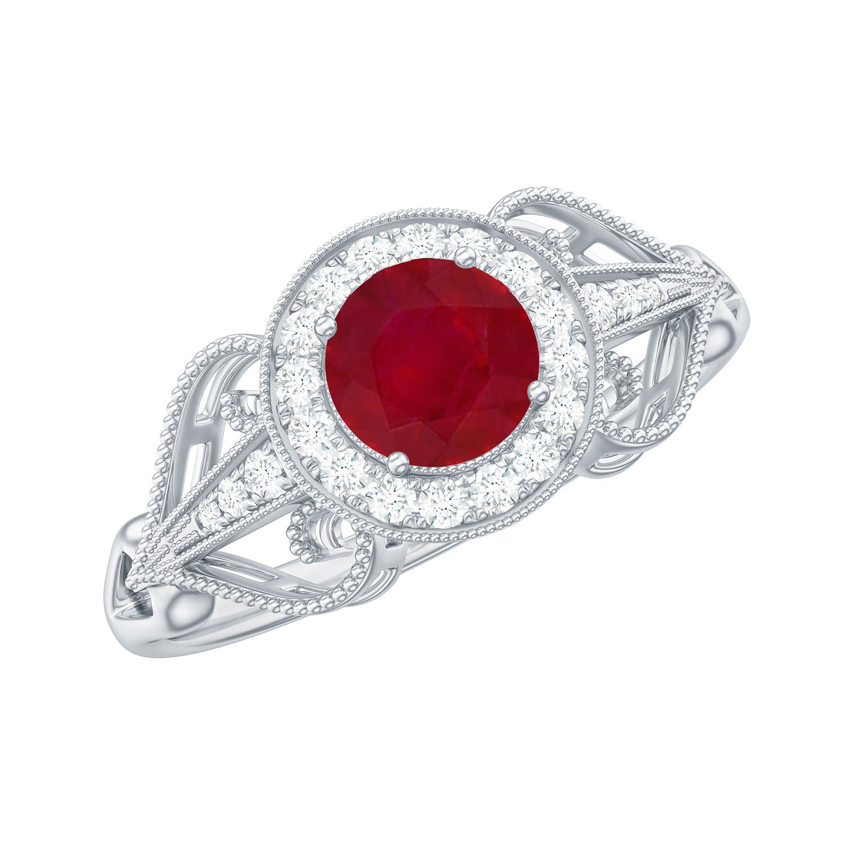 Anillo de compromiso retro de rubí natural de 0,6 quilates con halo de diamantes