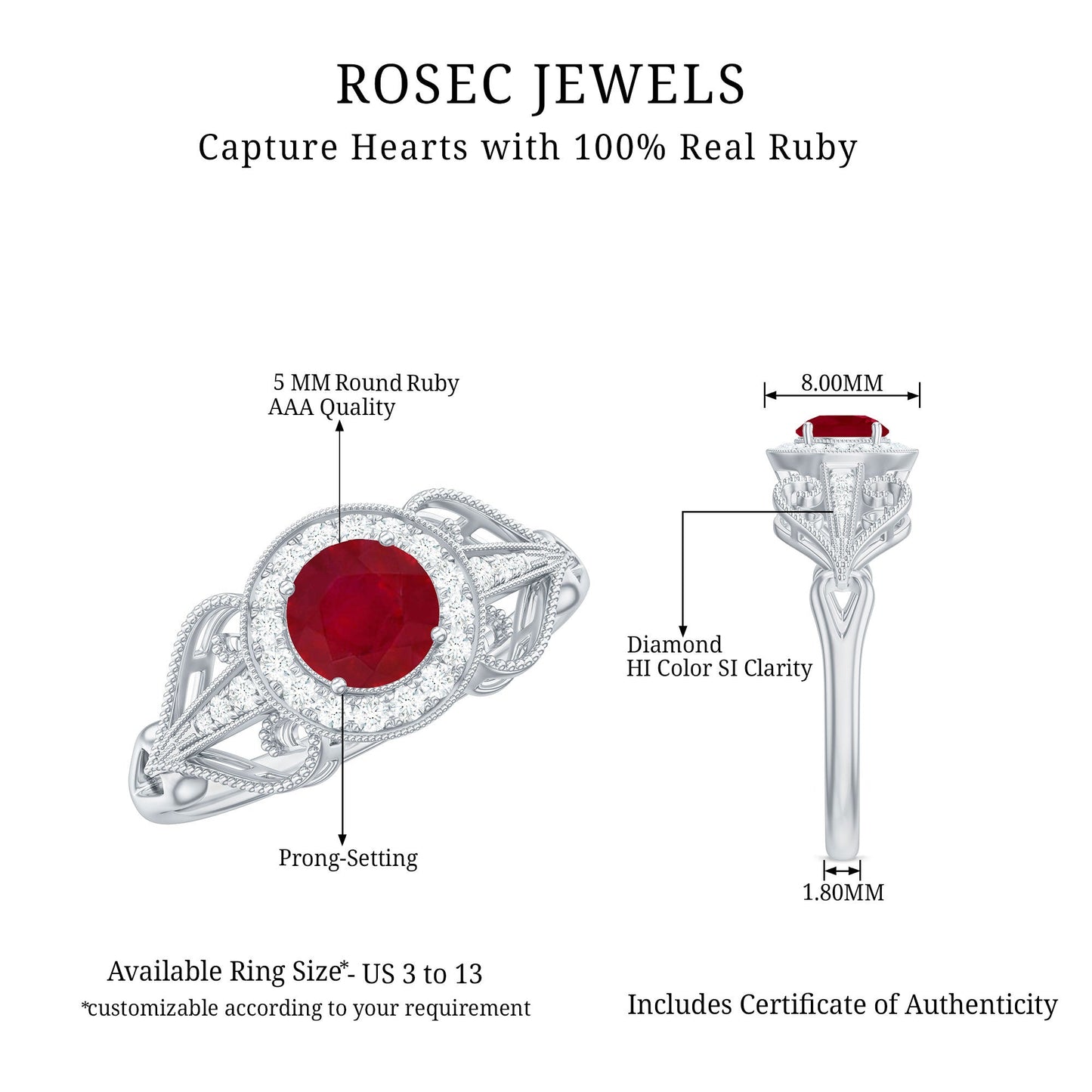 Anillo de compromiso retro de rubí natural de 0,6 quilates con halo de diamantes