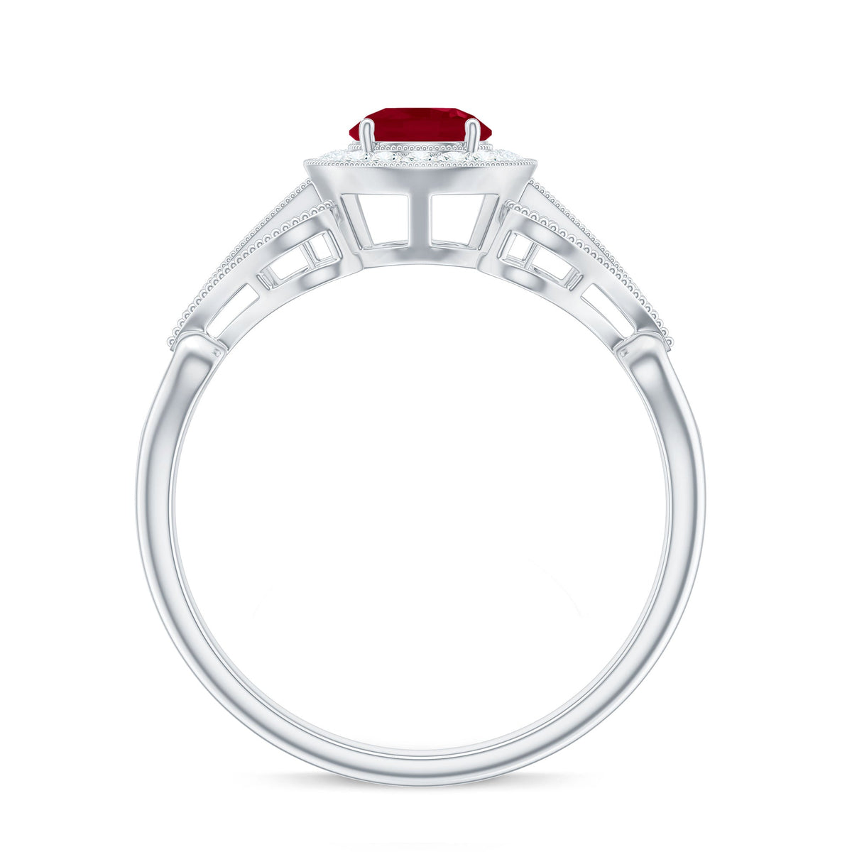 Anillo de compromiso retro de rubí natural de 0,6 quilates con halo de diamantes