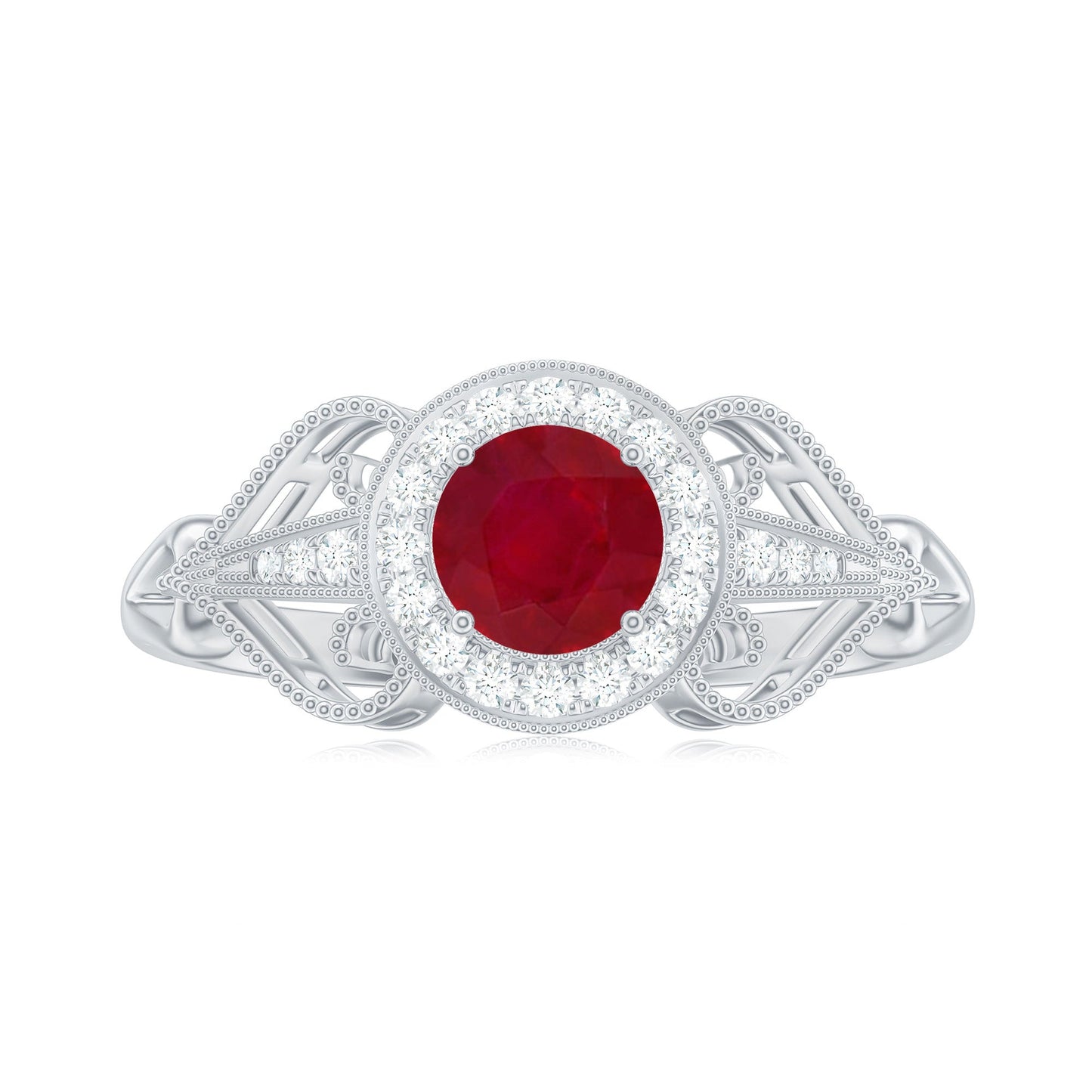 Anillo de compromiso retro de rubí natural de 0,6 quilates con halo de diamantes