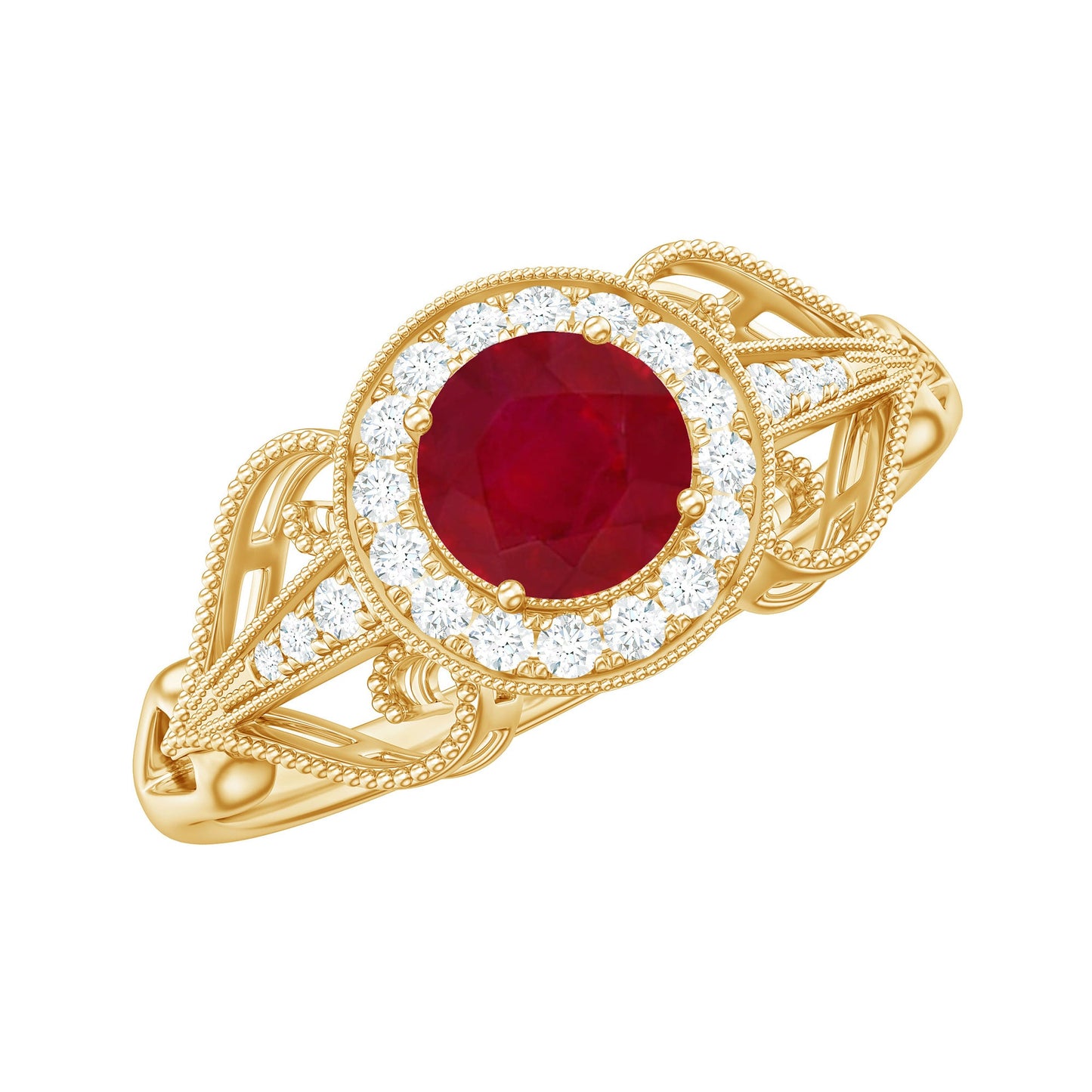 Anillo de compromiso retro de rubí natural de 0,6 quilates con halo de diamantes