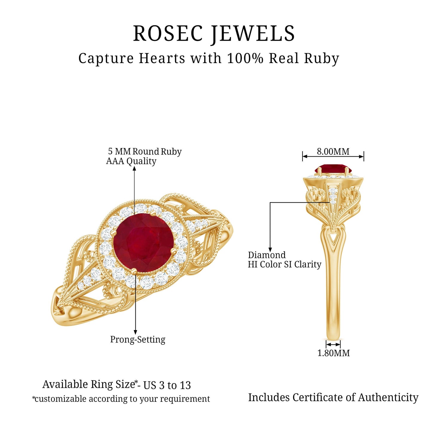 Anillo de compromiso retro de rubí natural de 0,6 quilates con halo de diamantes