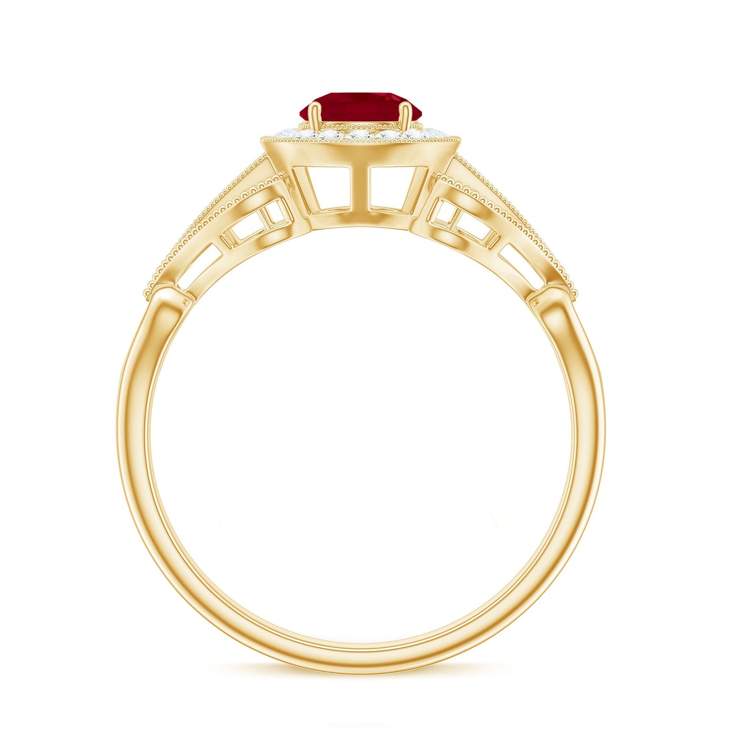 Anillo de compromiso retro de rubí natural de 0,6 quilates con halo de diamantes