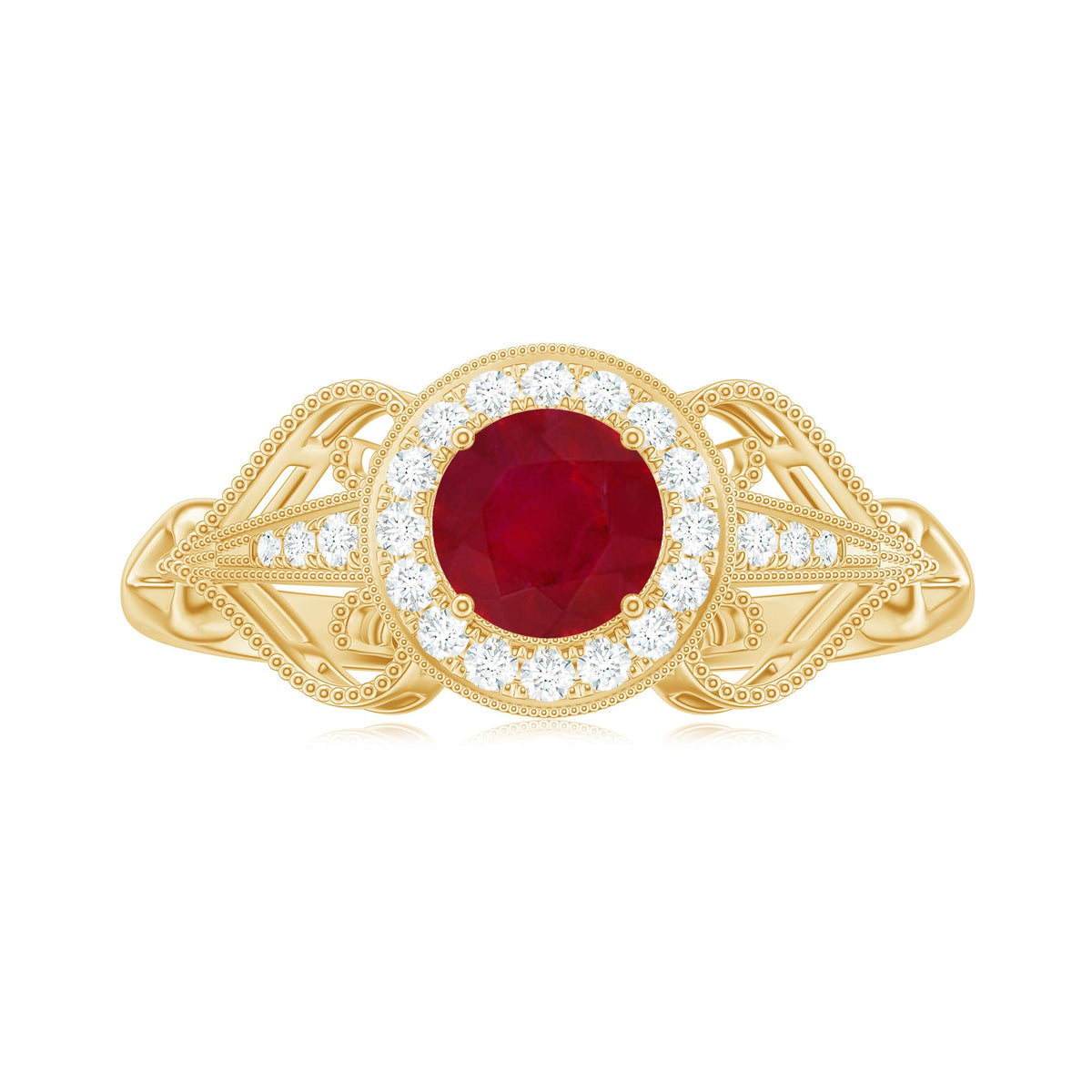 Anillo de compromiso retro de rubí natural de 0,6 quilates con halo de diamantes