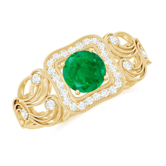 Anillo de compromiso vintage con esmeralda y halo de diamantes